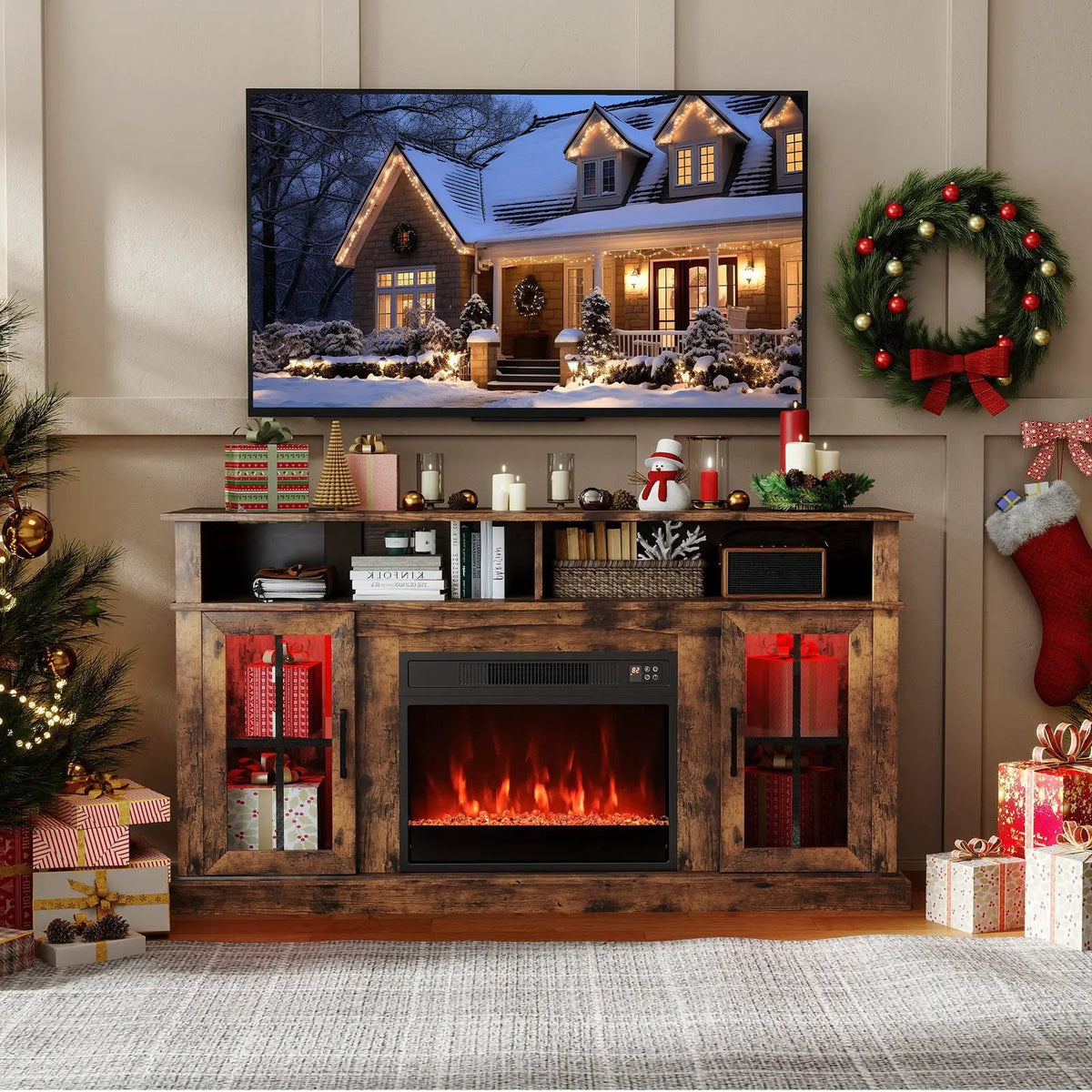 58 Inch Fireplace TV Stand with LED Lights with Storage Cabinets and Glass Doors, photo 24 of 32