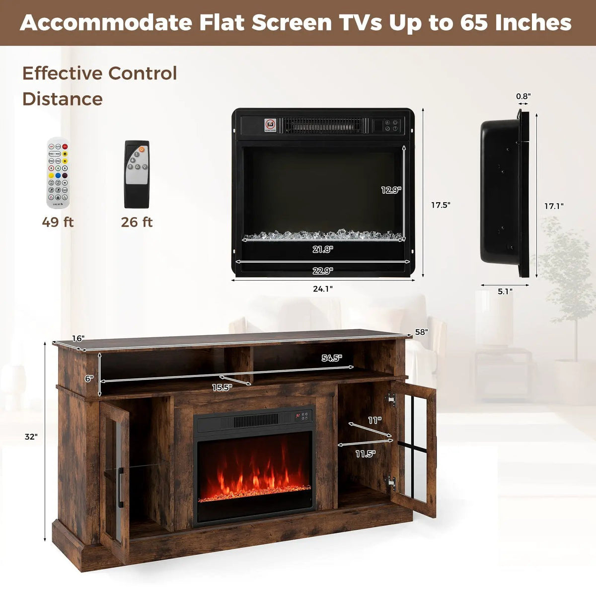 58 Inch Fireplace TV Stand with LED Lights with Storage Cabinets and Glass Doors, photo 3 of 32