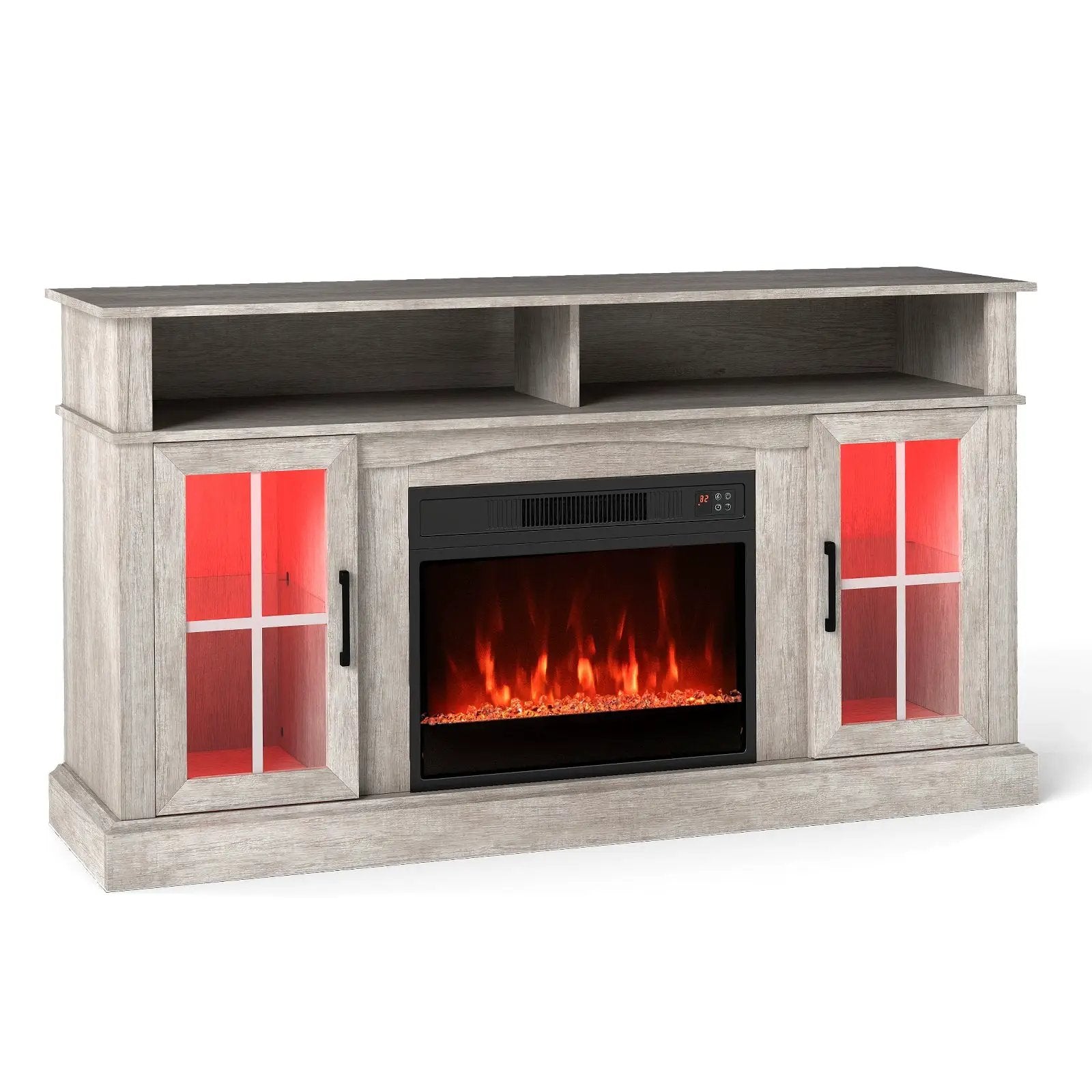 58 Inch Fireplace TV Stand with LED Lights with Storage Cabinets and Glass Doors by DirectDeals