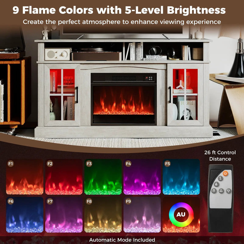 58 Inch Fireplace TV Stand with LED Lights with Storage Cabinets and Glass Doors by DirectDeals