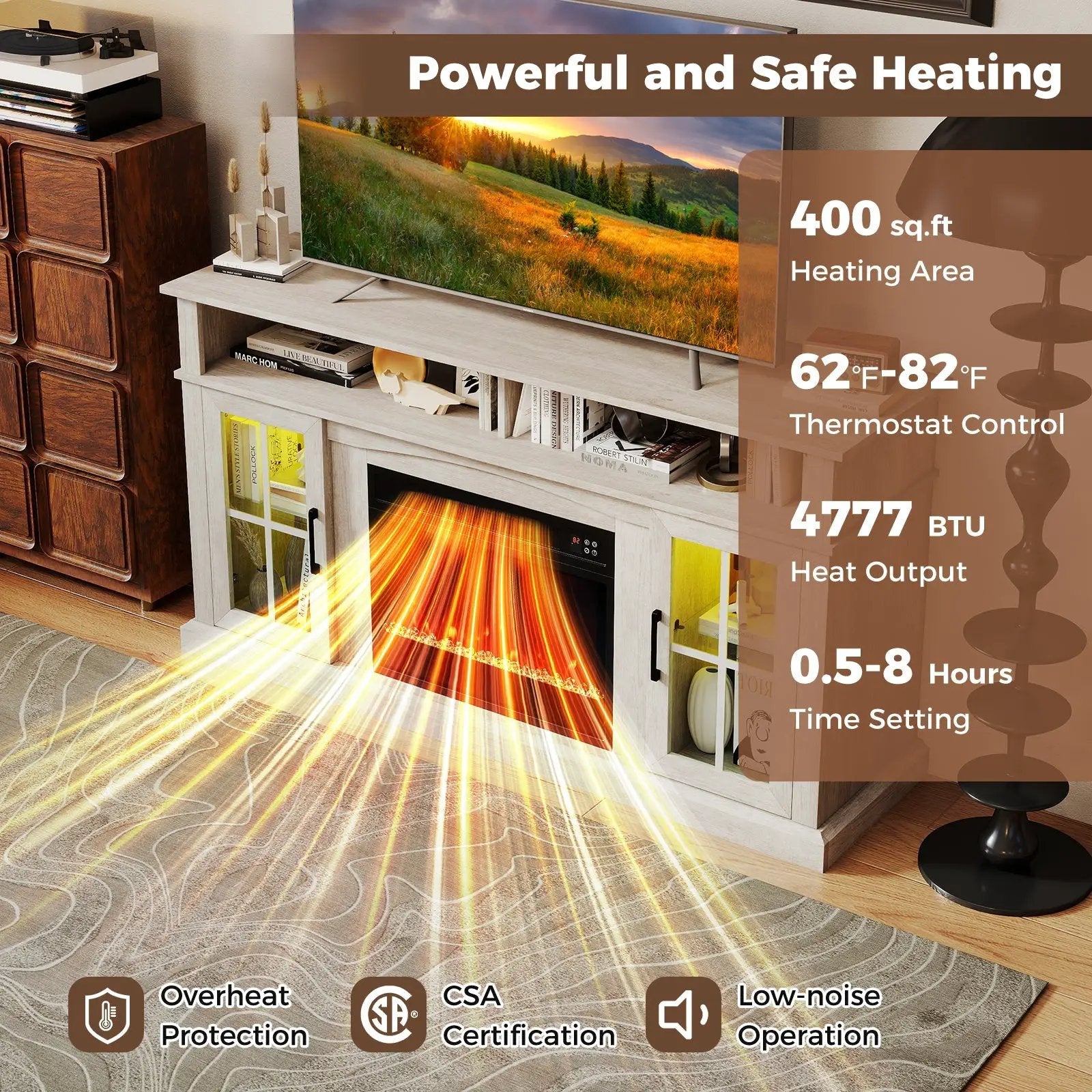 58 Inch Fireplace TV Stand with LED Lights with Storage Cabinets and Glass Doors by DirectDeals