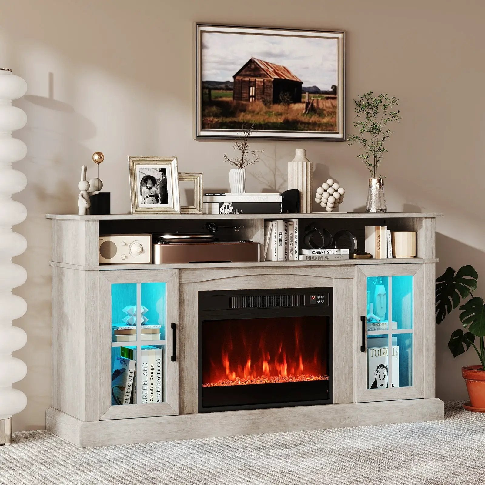 58 Inch Fireplace TV Stand with LED Lights with Storage Cabinets and Glass Doors by DirectDeals