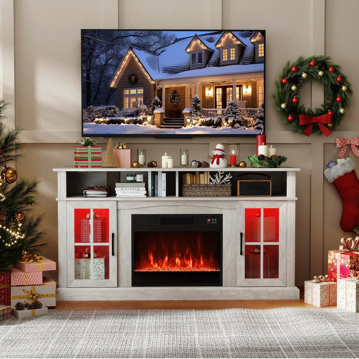 58 Inch Fireplace TV Stand with LED Lights with Storage Cabinets and Glass Doors, photo 21 of 32