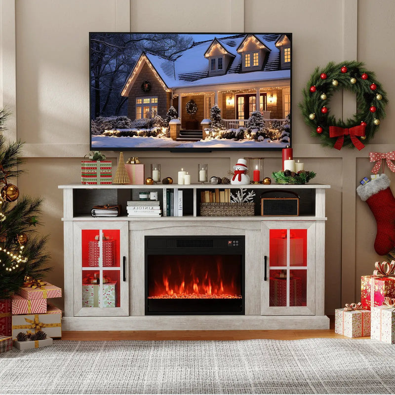 58 Inch Fireplace TV Stand with LED Lights with Storage Cabinets and Glass Doors by DirectDeals