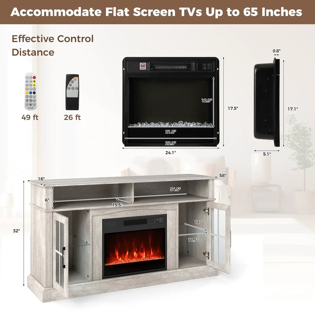 58 Inch Fireplace TV Stand with LED Lights with Storage Cabinets and Glass Doors, photo 4 of 32