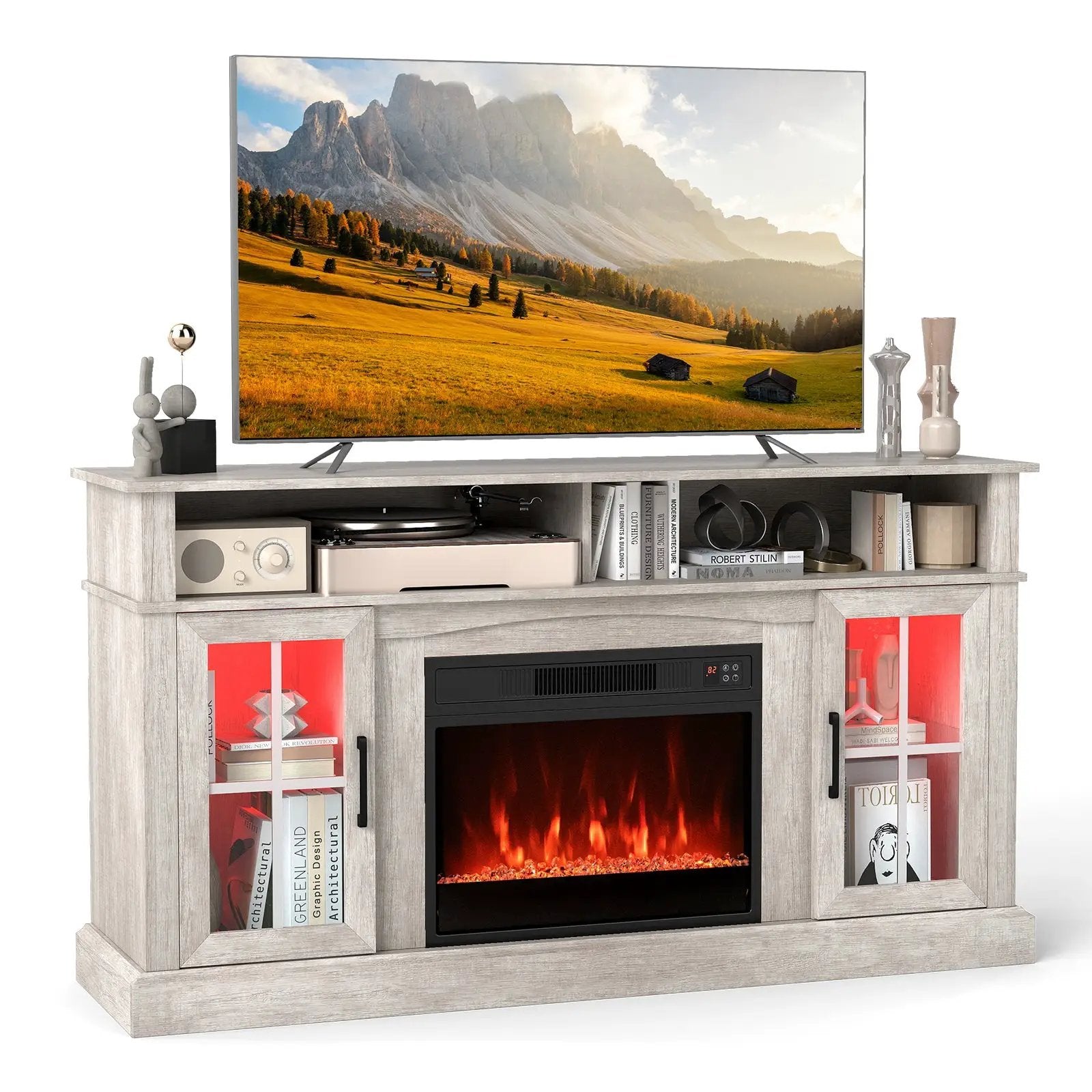 58 Inch Fireplace TV Stand with LED Lights with Storage Cabinets and Glass Doors by DirectDeals