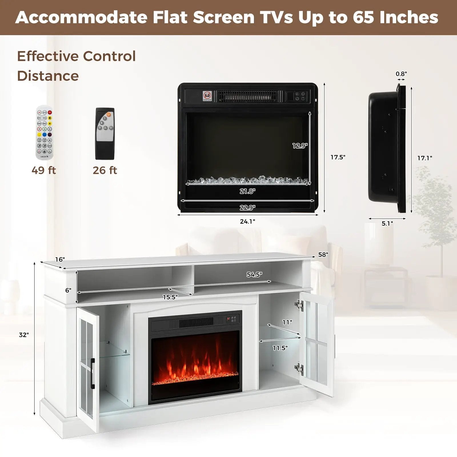 58 Inch Fireplace TV Stand with LED Lights with Storage Cabinets and Glass Doors by DirectDeals