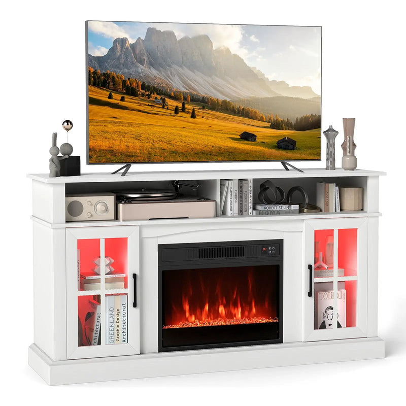 58 Inch Fireplace TV Stand with LED Lights with Storage Cabinets and Glass Doors by DirectDeals
