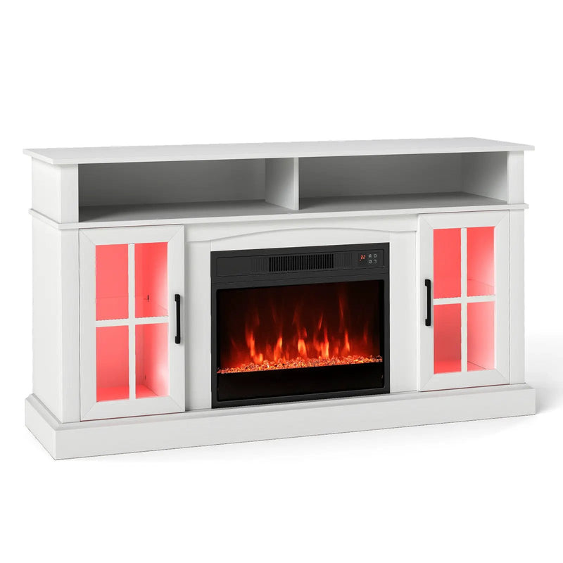 58 Inch Fireplace TV Stand with LED Lights with Storage Cabinets and Glass Doors by DirectDeals