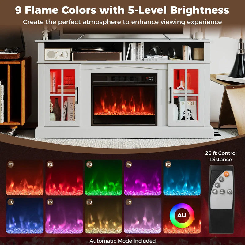 58 Inch Fireplace TV Stand with LED Lights with Storage Cabinets and Glass Doors by DirectDeals