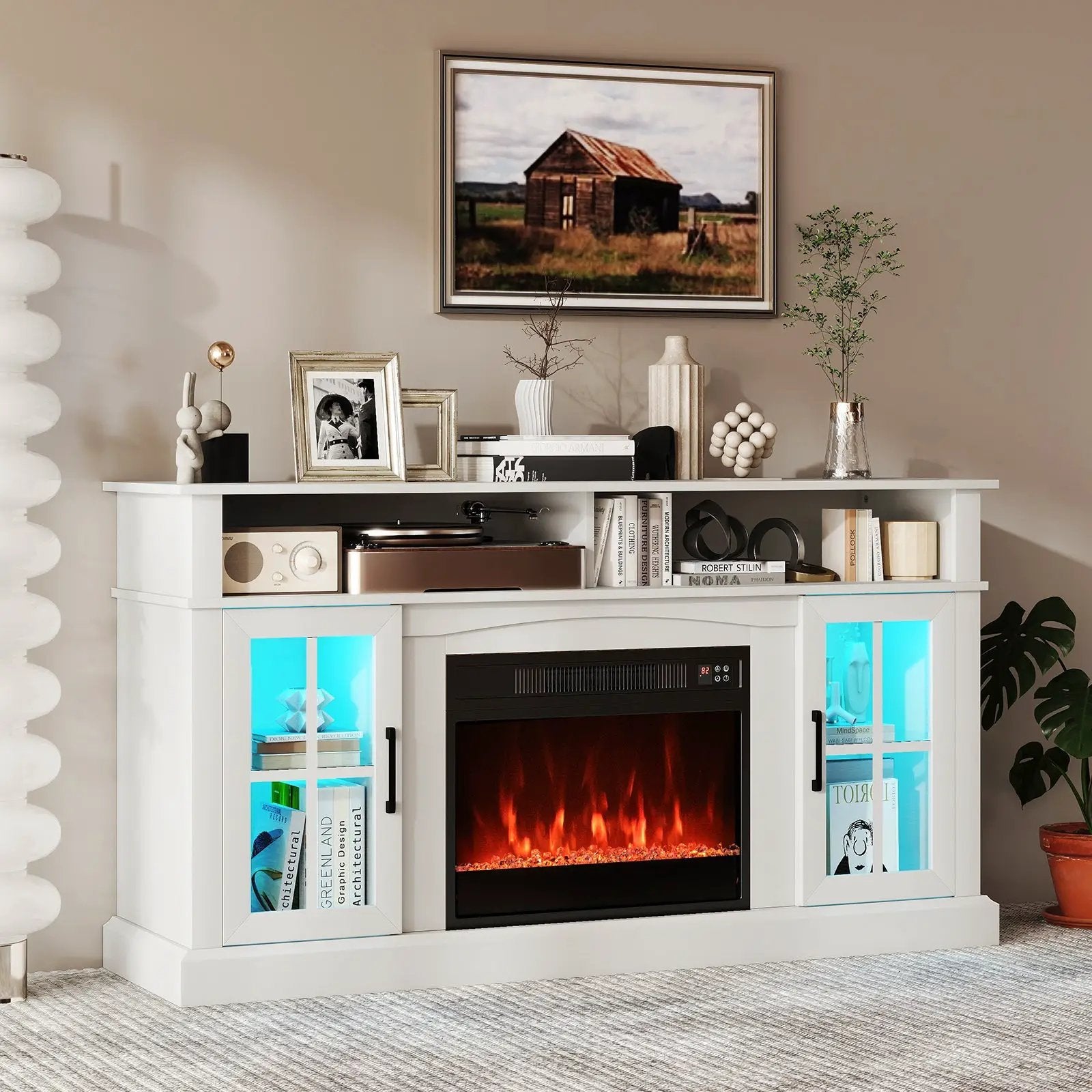 58 Inch Fireplace TV Stand with LED Lights with Storage Cabinets and Glass Doors by DirectDeals