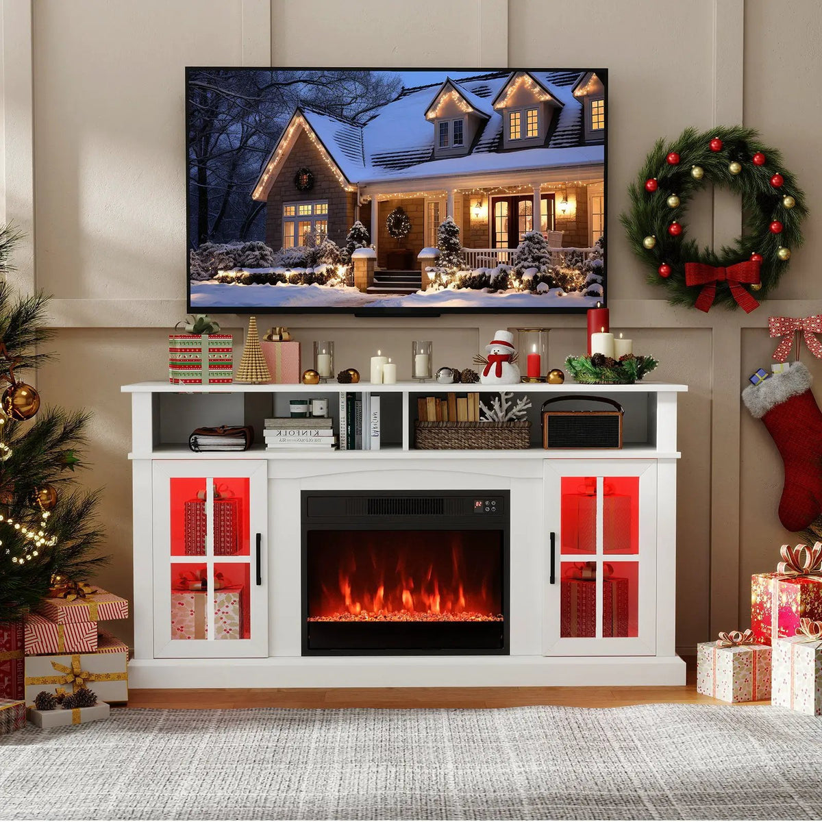 58 Inch Fireplace TV Stand with LED Lights with Storage Cabinets and Glass Doors, photo 22 of 32