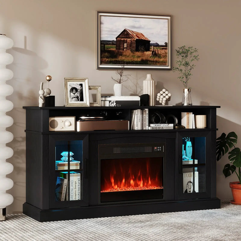 58 Inch Fireplace TV Stand with LED Lights with Storage Cabinets and Glass Doors by DirectDeals