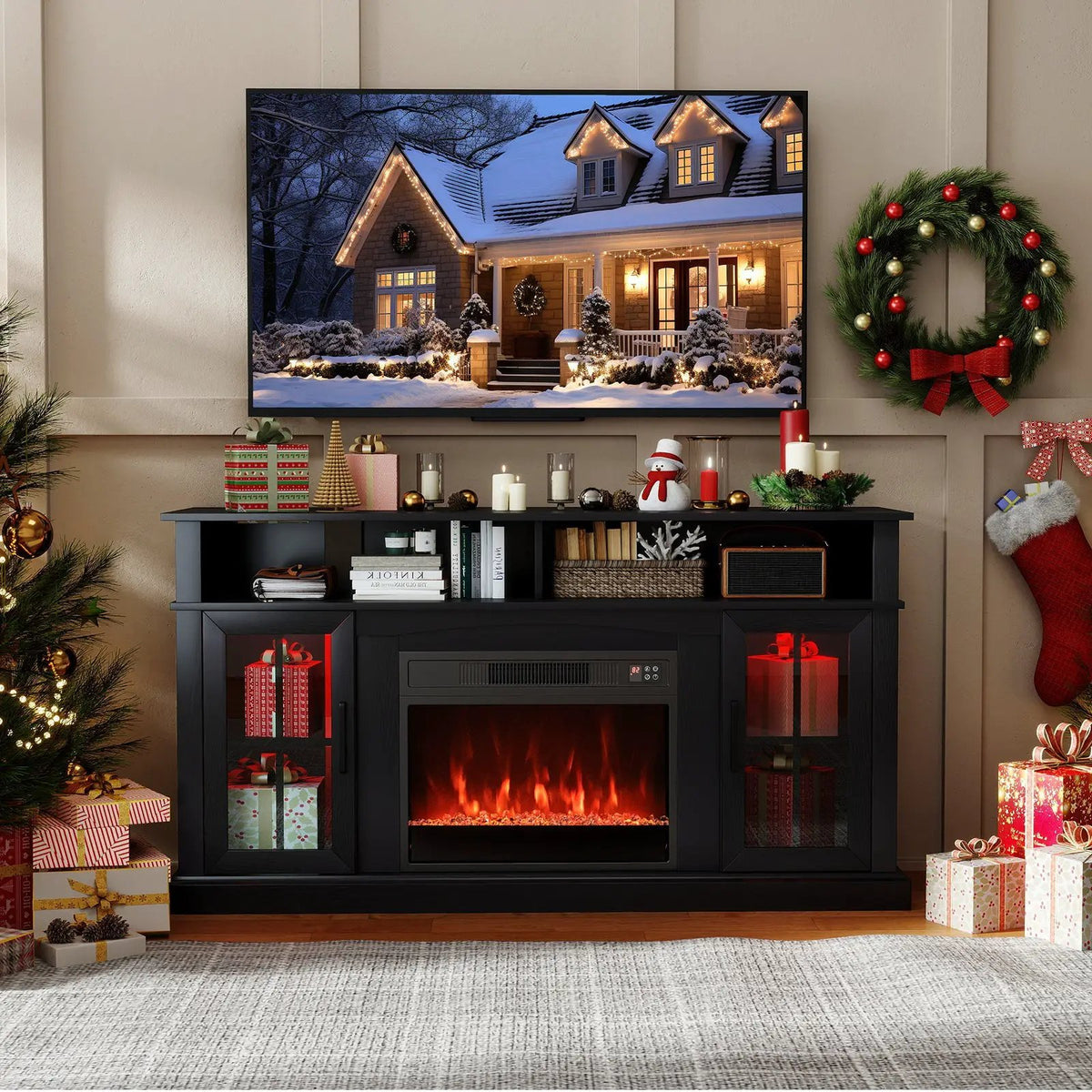 58 Inch Fireplace TV Stand with LED Lights with Storage Cabinets and Glass Doors, photo 23 of 32