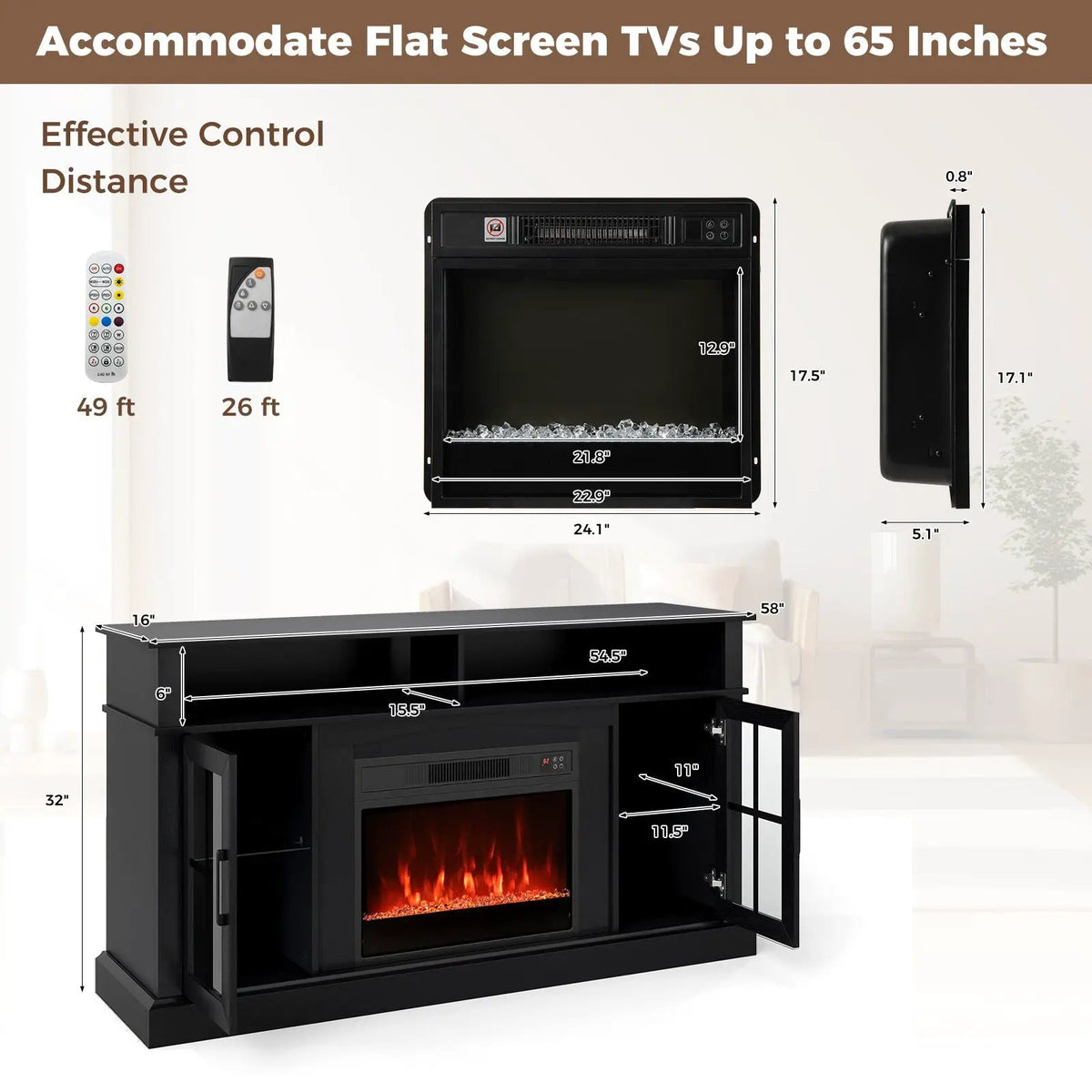58 Inch Fireplace TV Stand with LED Lights with Storage Cabinets and Glass Doors, photo 2 of 32