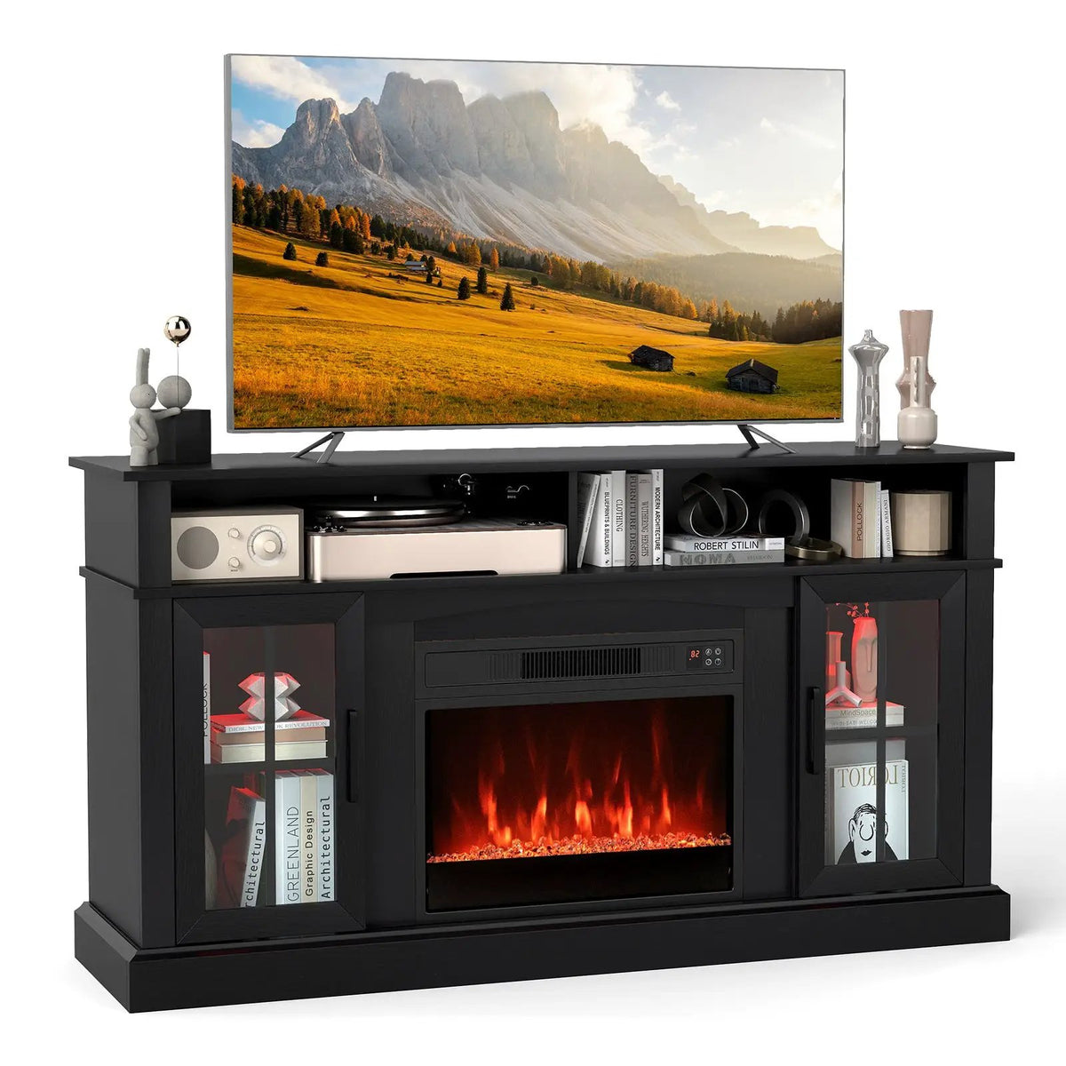 58 Inch Fireplace TV Stand with LED Lights with Storage Cabinets and Glass Doors, photo 30 of 32
