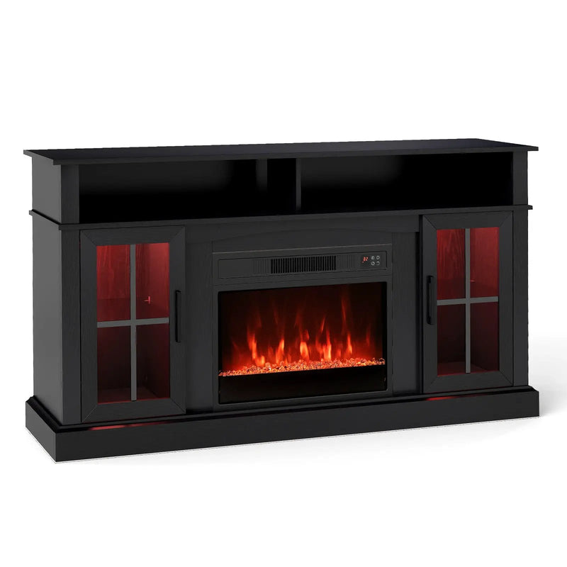 58 Inch Fireplace TV Stand with LED Lights with Storage Cabinets and Glass Doors by DirectDeals