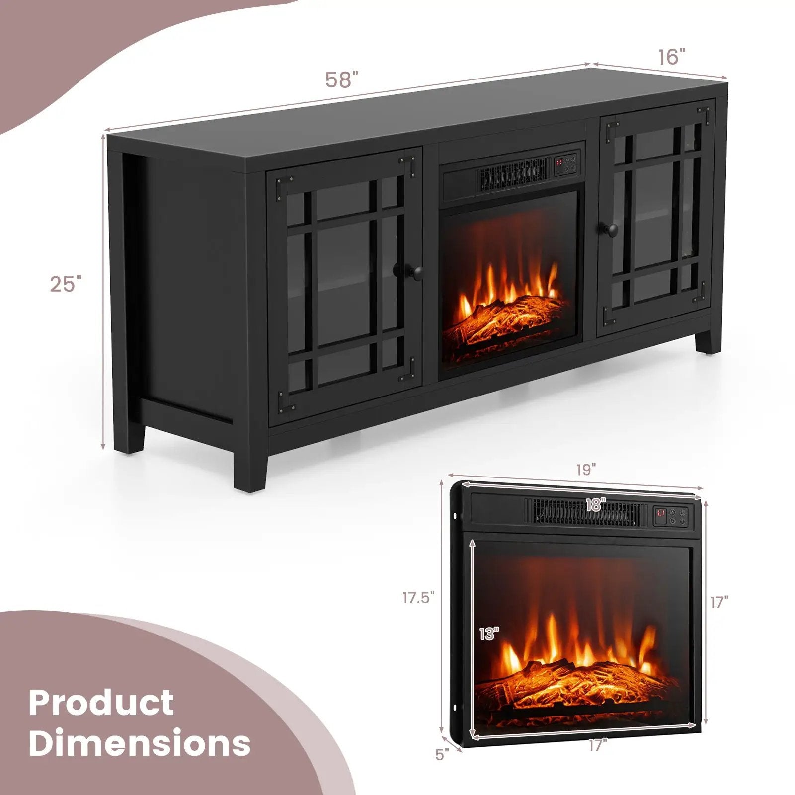 58 Inch Fireplace TV Stand with Adjustable Shelves for TVs up to 65 Inch-Black by DirectDeals