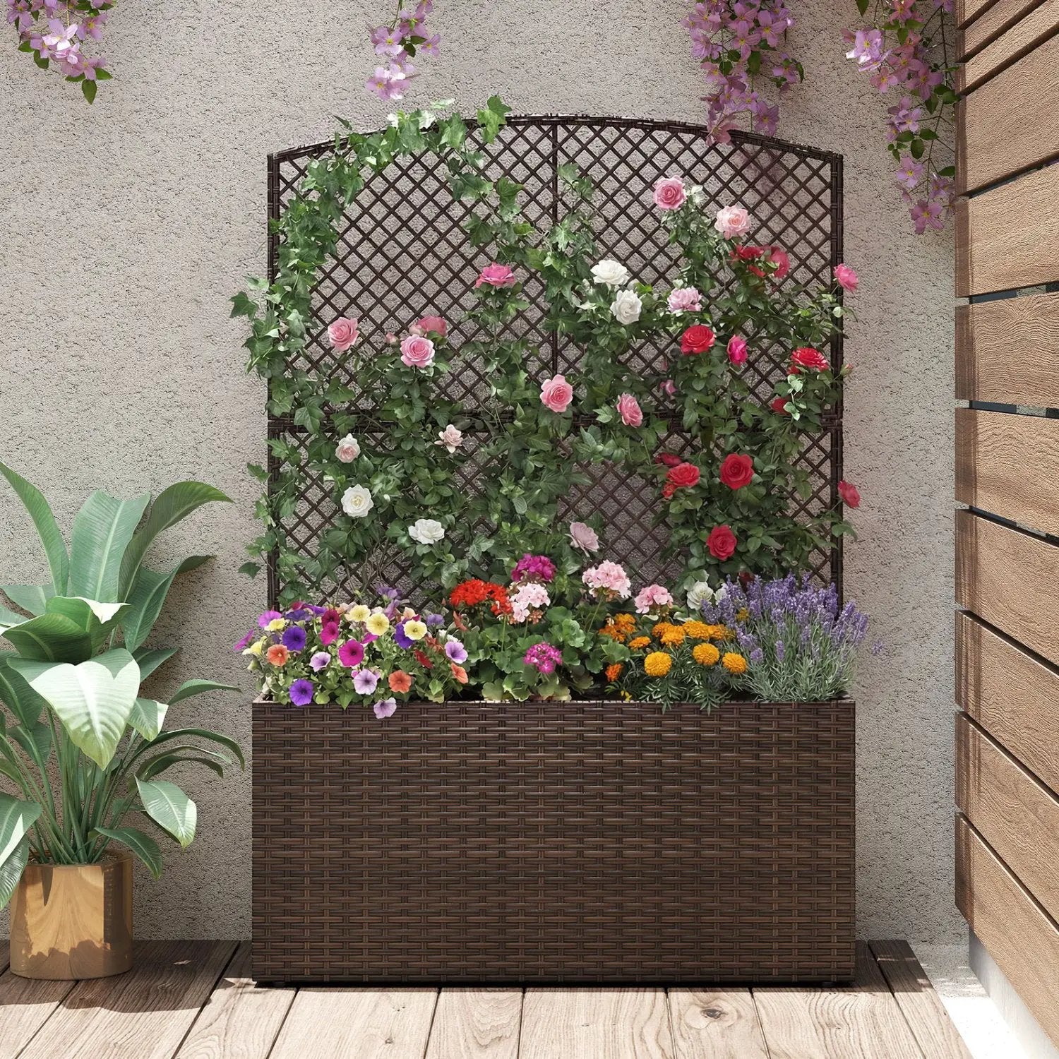 58 Inch Raised Garden Bed with Trellis and Wicker Planter Box by DirectDeals