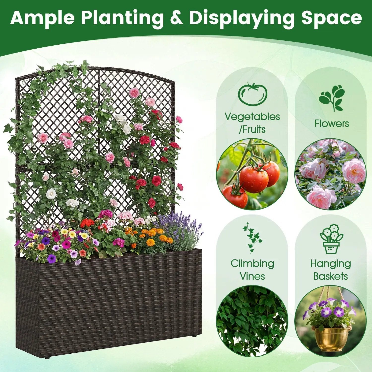 58 Inch Raised Garden Bed with Trellis and Wicker Planter Box by DirectDeals