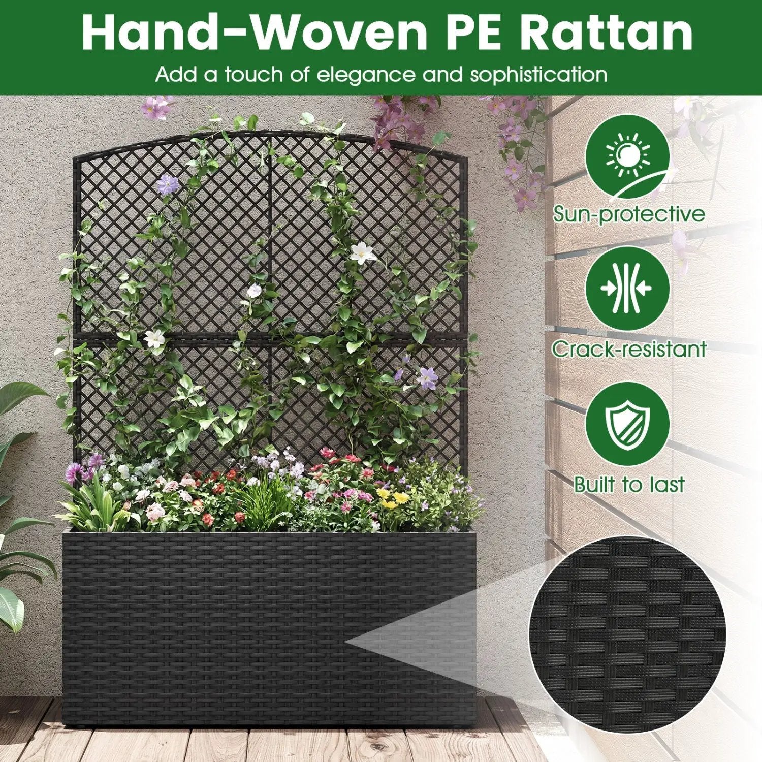 58 Inch Raised Garden Bed with Trellis and Wicker Planter Box by DirectDeals