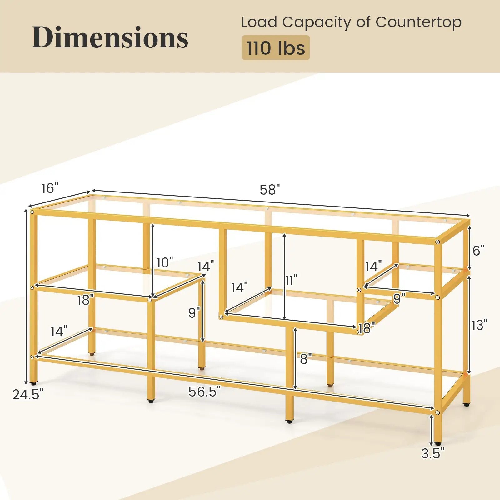 58 Inch TV Console Table with Tempered Glass Shelves for Living Room-Gold by DirectDeals
