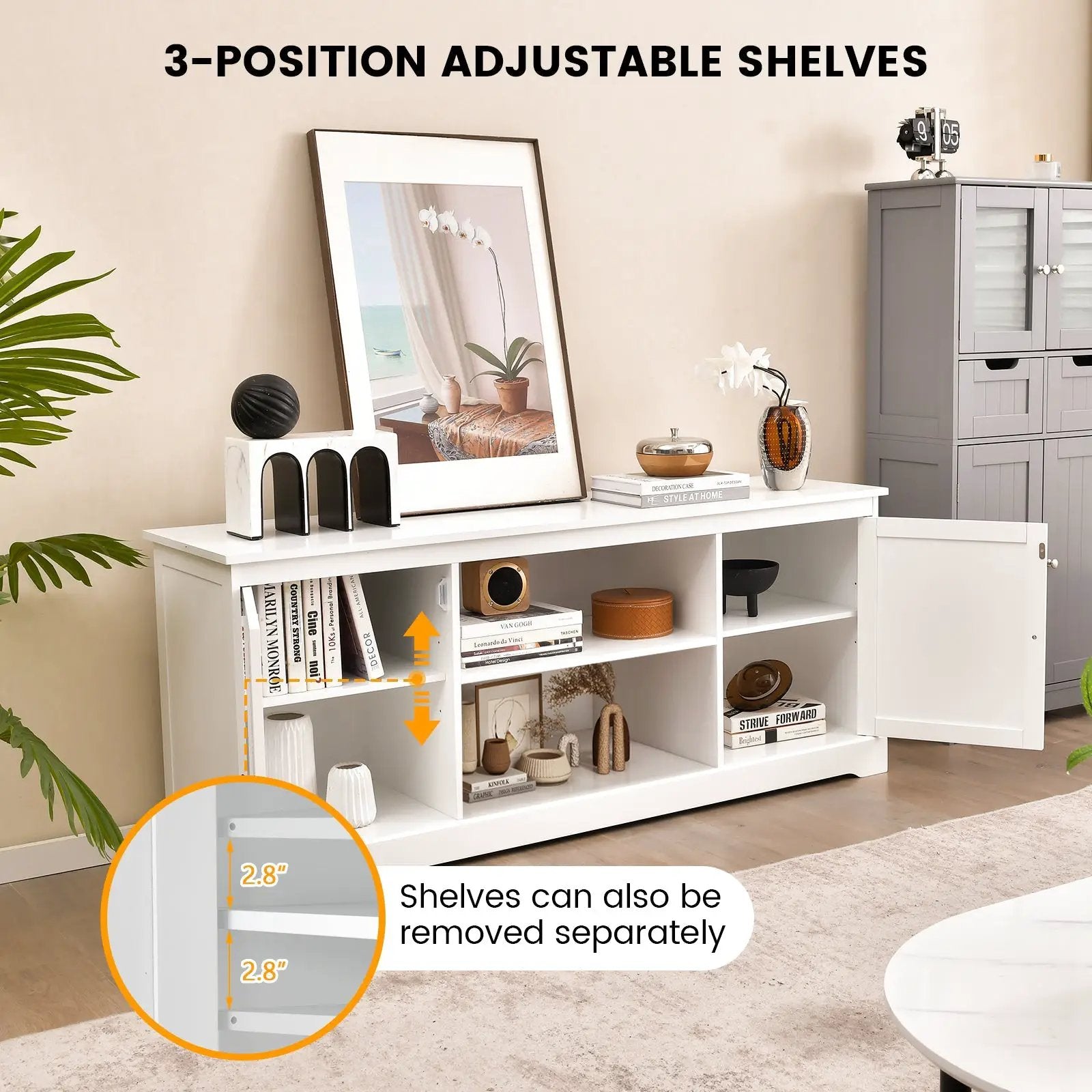 58 Inch TV Stand with 2 Cabinets and Adjustable Shelves for TVs up to 65 Inch-White by DirectDeals
