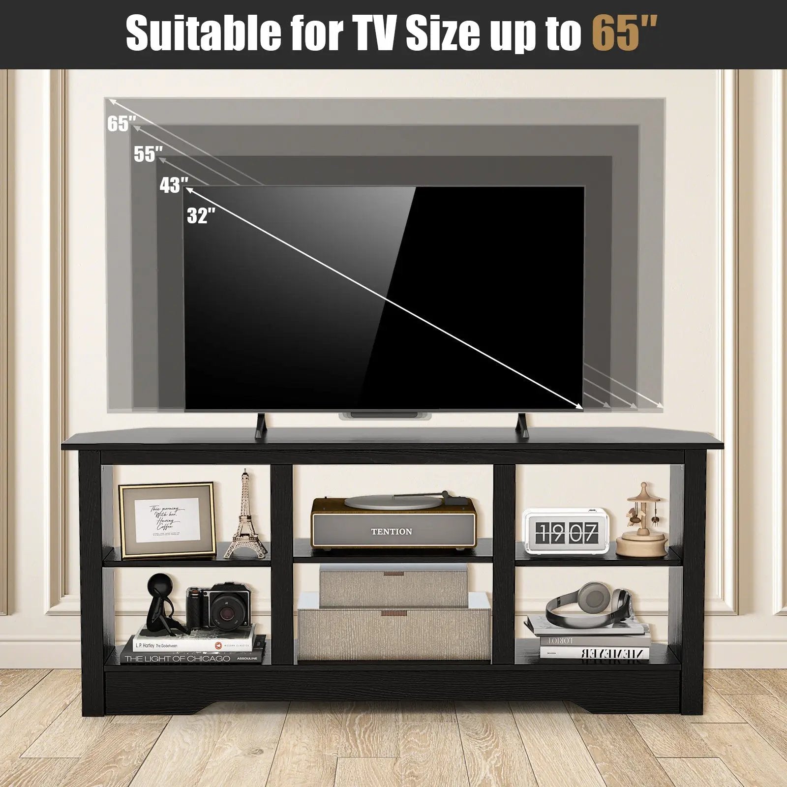 58 Inch TV Stand with 6 Open Storage Shelves for TVs up to 65 Inches by DirectDeals