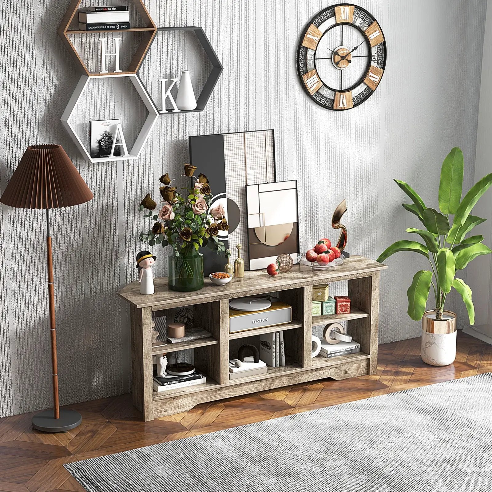 58 Inch TV Stand with 6 Open Storage Shelves for TVs up to 65 Inches by DirectDeals