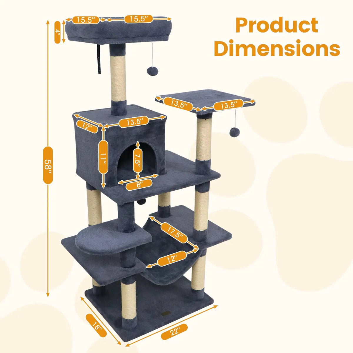 58" Multi-Level Cat Tree Soft Plush Cat Tower with Padded Top Perch, photo 23 of 40