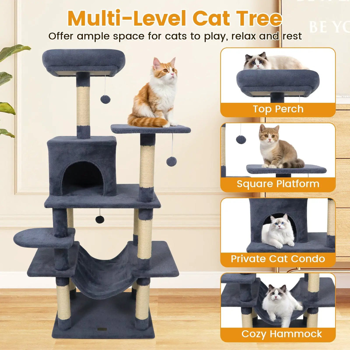 58" Multi-Level Cat Tree Soft Plush Cat Tower with Padded Top Perch, photo 31 of 40