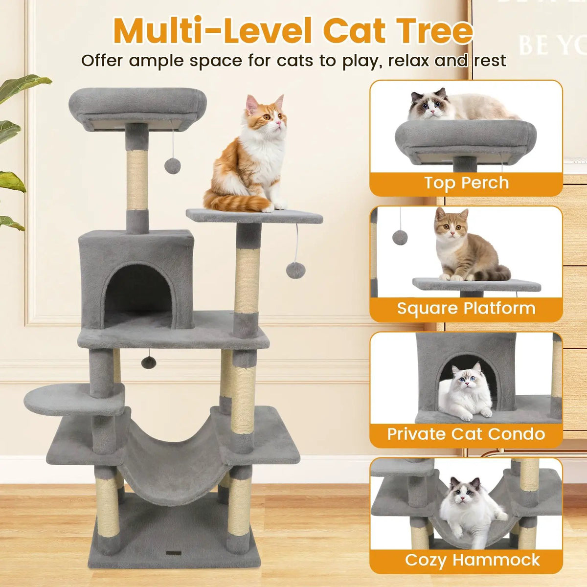 58" Multi-Level Cat Tree Soft Plush Cat Tower with Padded Top Perch, photo 32 of 40