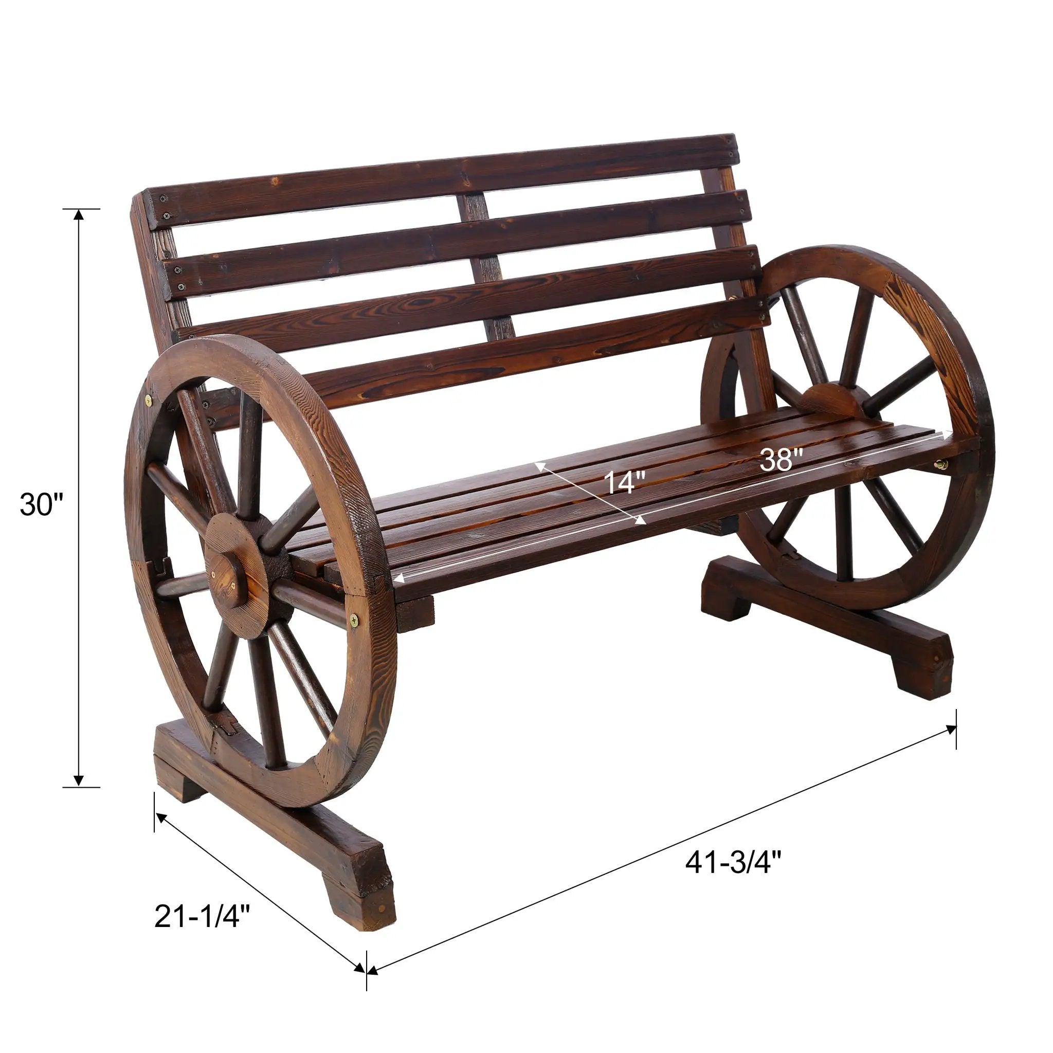 Rustic Country 2 Person Wooden Wagon Wheel Bench With Slatted Seat And Backrest - Brown by Unique Piece Furniture