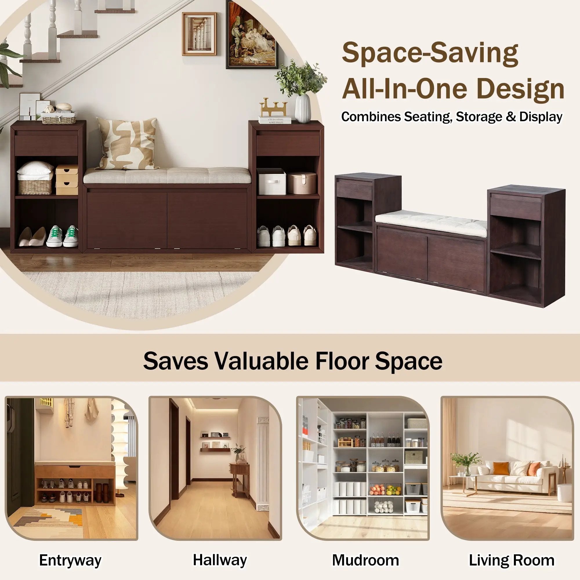 Entryway Storage Bench With Cushion, Drawers & Open Shelves by Unique Piece Furniture