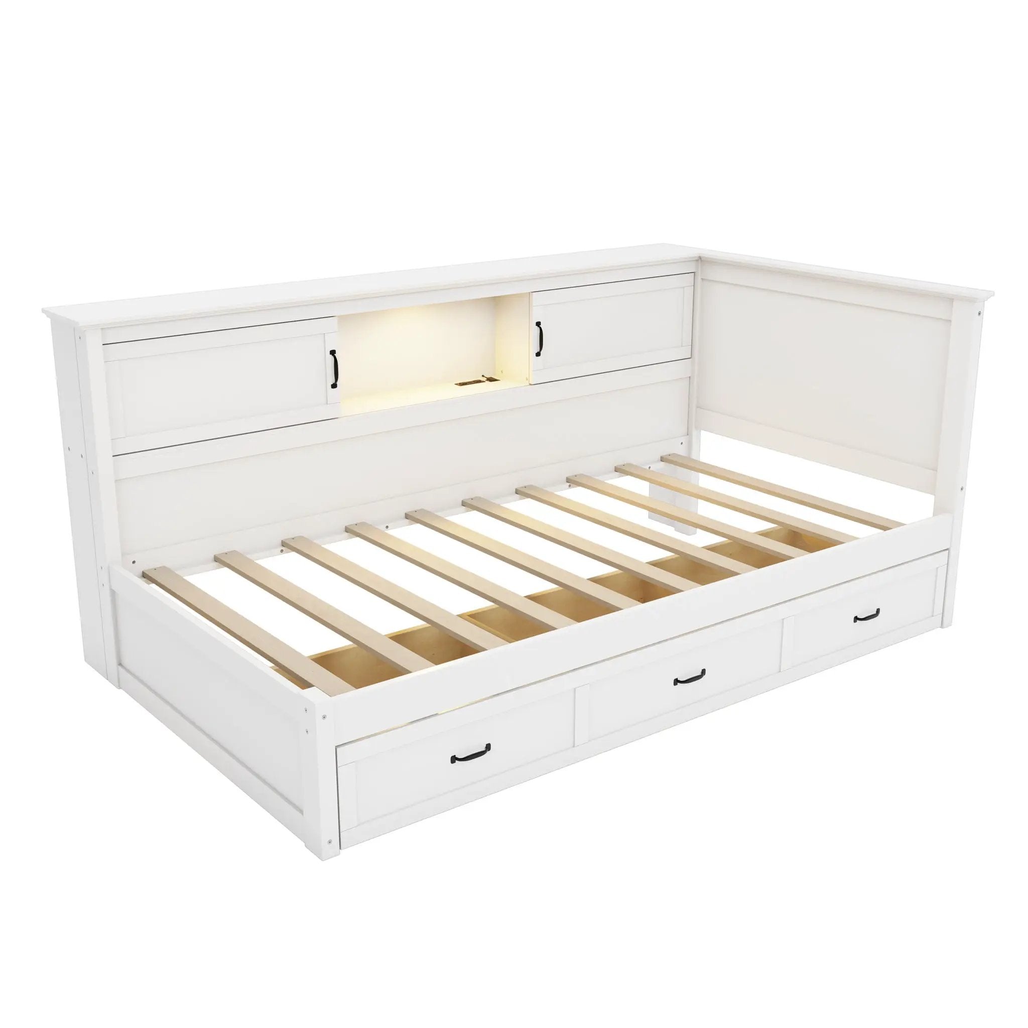 Twin Size L - Shaped Captain Bed With Drawer And Bookcase, LED Downlight And USB Charging Station - White by HouseOfZazla