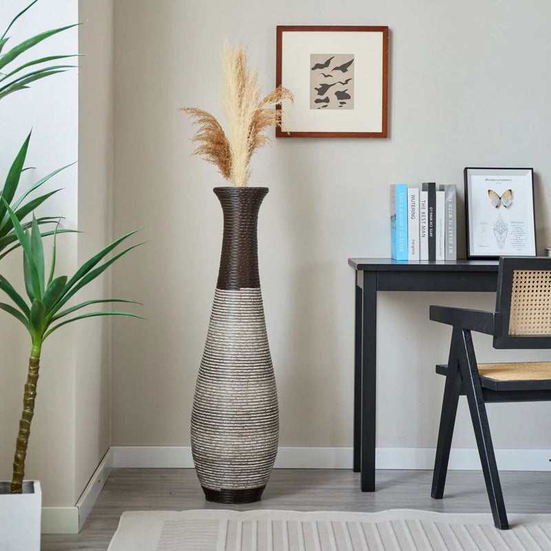Tall Standing Designer Floor Vase Durable Artificial Rattan Elegant 2 Tone Finish Ideal Decor Accent For Living Room, Bedroom, Entryway Stylish Home Decor Statement Piece - Black / Gray by Unique Piece Furniture