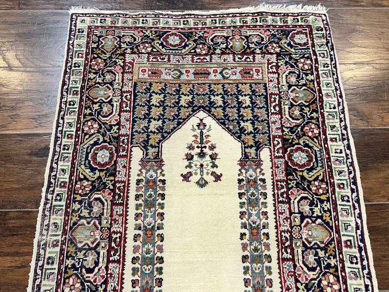 Turkish Prayer Rug 2.5 x 4, Vintage Wool Hand Knotted Carpet, Ivory by Jewel Rugs