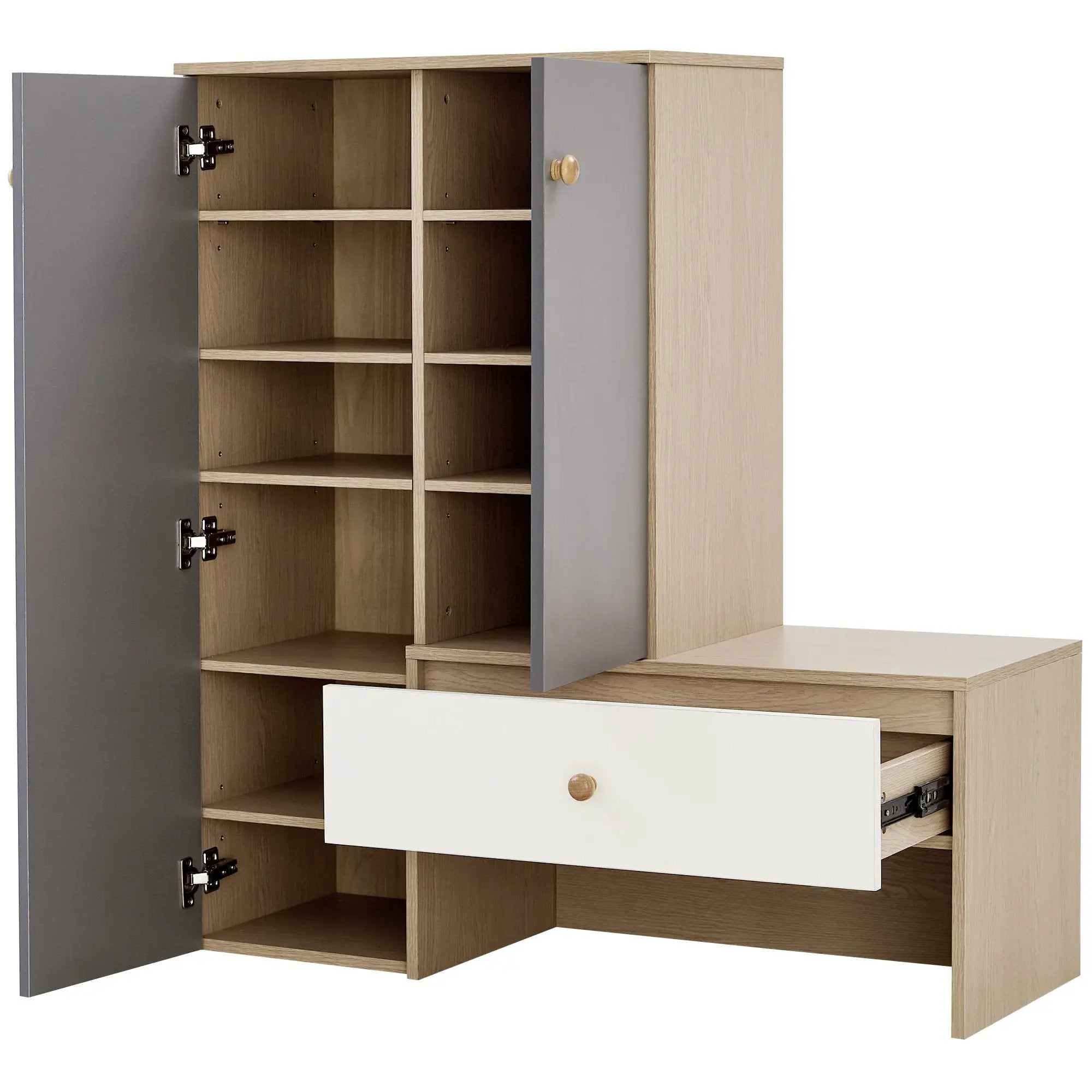 Modern Multi Functional Shoe Storage Bench & Cabinets With Adjustable Shelves - Gray / Natural Wood / White by Unique Piece Furniture