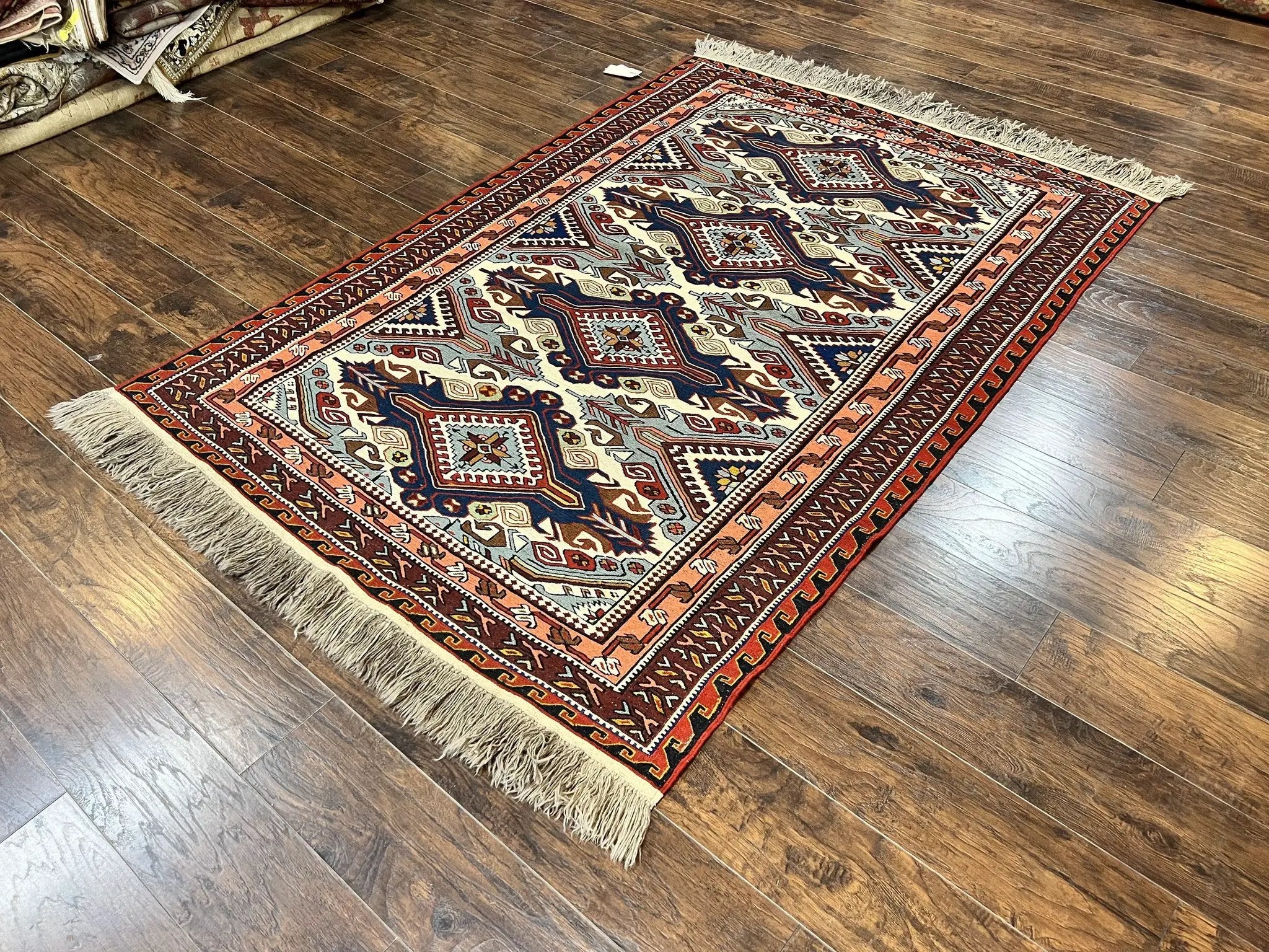 Russian Soumak Rug 6x8, Wool Handmade Antique Kilim Carpet, Multicolor 6 x 8 Geometric Medallions Caucasian Rug, Medium Size by Jewel Rugs