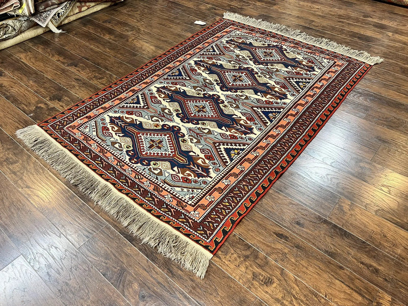 Russian Soumak Rug 6x8, Wool Handmade Antique Kilim Carpet, Multicolor 6 x 8 Geometric Medallions Caucasian Rug, Medium Size by Jewel Rugs