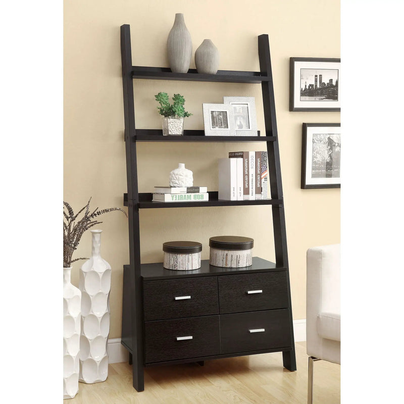 Shasta - 5 Shelf Ladder Bookshelf With Drawers - Cappuccino by HouseOfZazla