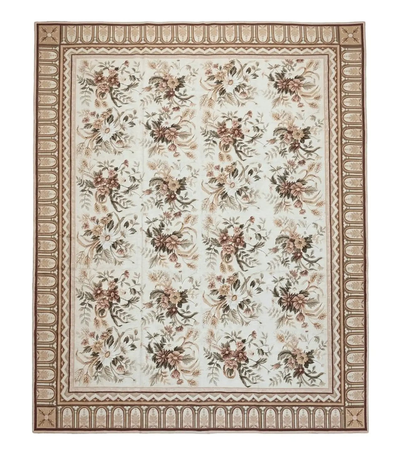 Needlepoint Rug 8x10 Aubusson Rug Victorian Floral Rug Handmade French Style French Decor Garden Panel Beige 8 x 10 Area Rug 100% Wool by Jewel Rugs