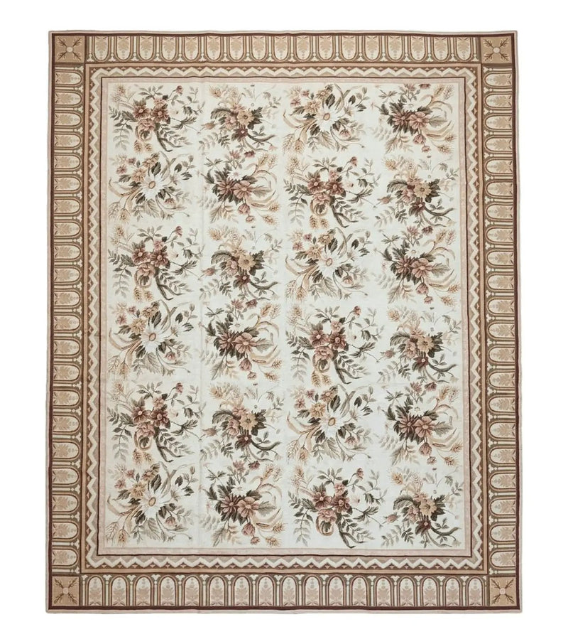 Needlepoint Rug 8x10 Aubusson Rug Victorian Floral Rug Handmade French Style French Decor Garden Panel Beige 8 x 10 Area Rug 100% Wool by Jewel Rugs