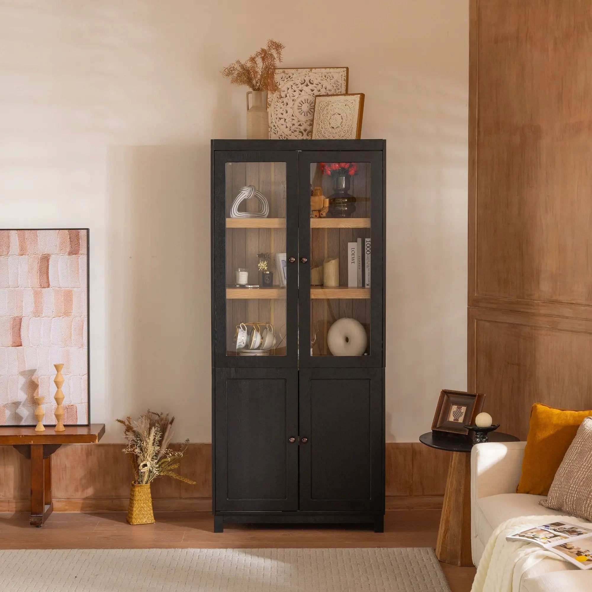 Mid Century Modern Style Tall Display Cabinet With Glass Doors For Collectibles - Black by HouseOfZazla