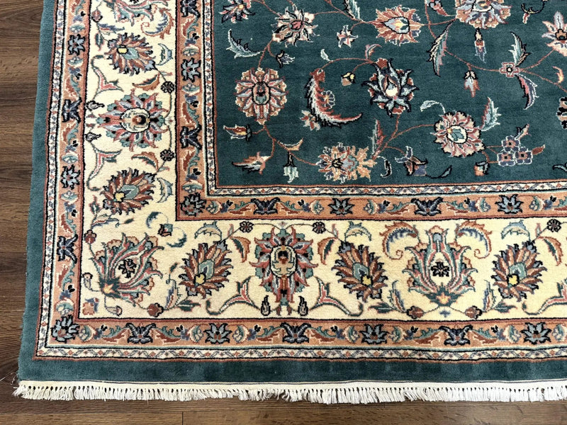 Indo Persian Rug 8x10, Green and Beige Oriental Carpet, Traditional Wool Area Rug, Floral Allover Pattern by Jewel Rugs