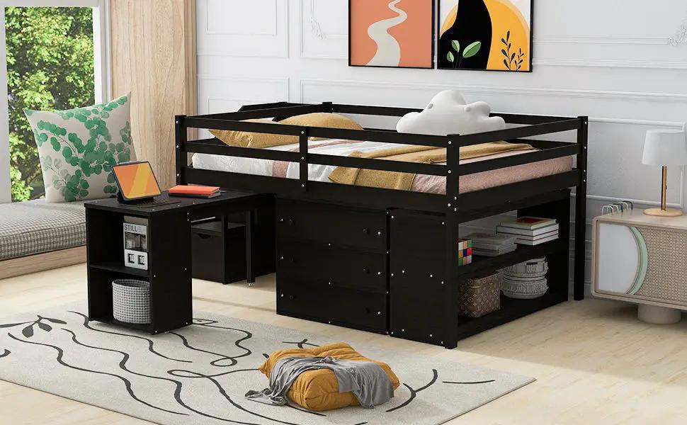 Loft Bed With Retractable Writing Desk And 3 Drawers With Storage Stairs And Shelves by HouseOfZazla
