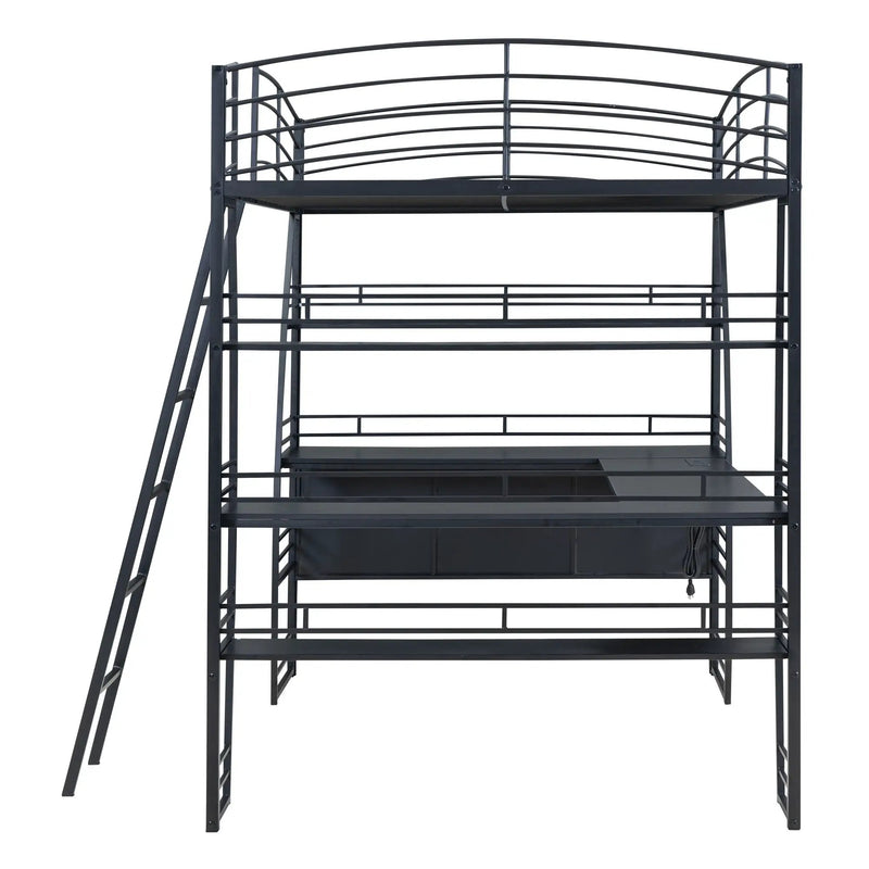 Loft Bed With 4 Layers Of Shelves And L-Shaped Desk, Stylish Metal Frame Bed With A Set Of Sockets, USB Ports And And Wireless Charging by Unique Piece Furniture