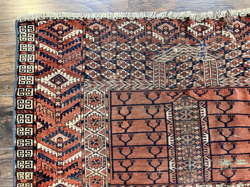 Antique Turkoman Rug 4x4, Hatchli Square Carpet, Wool Handmade Four Season Yamud Design Rug, Red Bohemian Tribal Rug, Engsi Tekkeh Rug by Jewel Rugs