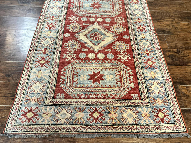 Turkish Kazak Rug 4x6, Handmade Vintage Wool Carpet, Geometric Design, Red and Light Blue by Jewel Rugs