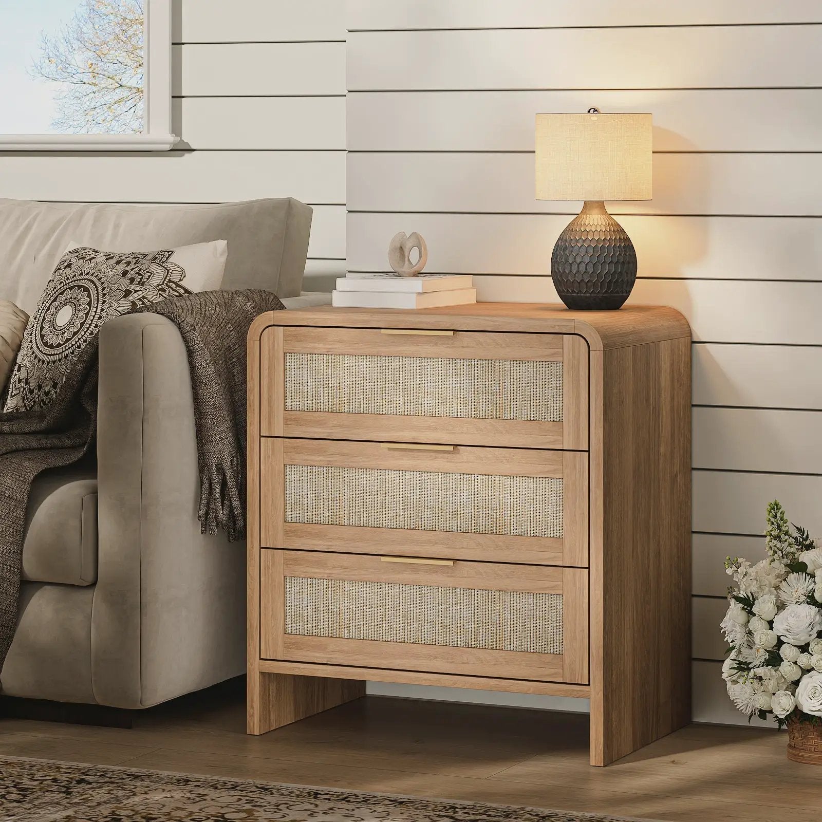 Rattan Nightstand Set of 2 with 3 Drawers in Caramel Oak by HouseOfZazla